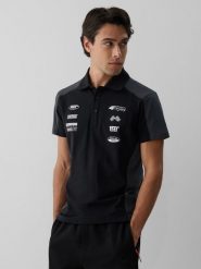 4F Koszulka polo slim męska - czarna L. Czarne koszulki polo męskie 4f, l, bez wzorów, z dzianiny, klasyczne, bez ramiączek. Za 99.99 zł.