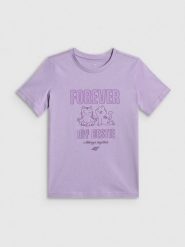 4F T-shirt regular z nadrukiem dziewczęcy - fioletowy 152 (11-12 lat). Fioletowe t-shirty i topy dla dziewczynek 4f, bez wzorów, z bawełny, bez ramiączek. Za 49.99 zł.