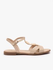 Kremowe płaskie sandały z ozdobą. Brązowe sandały damskie Ryłko, z aplikacjami, ze skóry, bez obcasa, na płaskiej podeszwie, bez zapięcia. Za 379.99 zł.