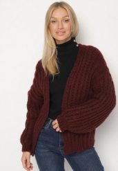 Bordowy Niezapinany Kardigan Oversize z Domieszką Wełny i Wiskozy Tianavia. Czerwone kardigany damskie Born2be, bez wzorów, z jeansu, długie. Za 169.99 zł.