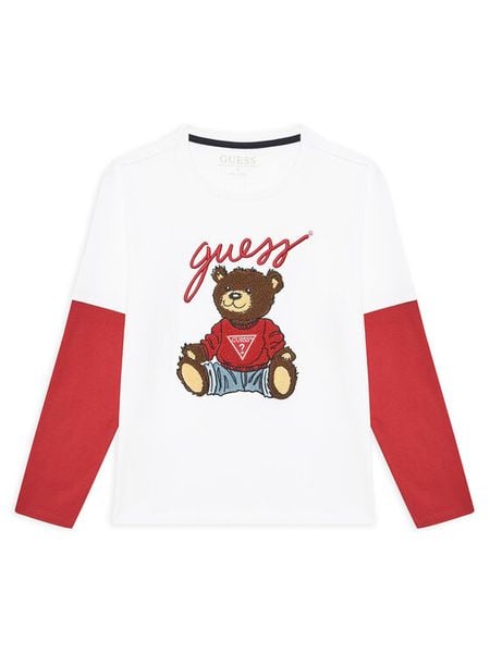 Guess Bluzka L4BI13 I3Z14 Biały Regular Fit. Białe koszule dla chłopców Guess, z aplikacjami, z bawełny, bez kołnierzyka, bez ramiączek. Za 79.99 zł.