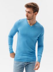 Sweter męski z haftem - błękitny V21. Niebieskie swetry przez głowę męskie Ombre Clothing, m, bez wzorów, z wiskozy, bez kołnierzyka. W wyprzedaży za 39.99 zł.