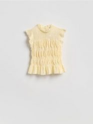 Bluzka z marszczeniem - jasnożółty. Żółte bluzki damskie Reserved, l, bez wzorów, z dzianiny, bez kołnierzyka, bez ramiączek. Za 79.99 zł.