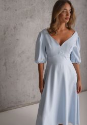 Niebieska Rozkloszowana Sukienka Koktajlowa z Bufkami i Wiązaniem z Tyłu Nolesa. Niebieskie sukienki dla dziewczynek Renee, bez wzorów, eleganckie, bez ramiączek. Za 249.99 zł.