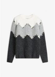 Sweter z aplikacją z cekinów. Szare swetry damskie bonprix, z aplikacjami, bez kołnierzyka, bez ramiączek, bez kaptura. Za 159.99 zł.