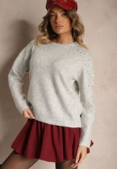 Szary Sweter z Bawełną i Cekinami Ceala. Szare swetry damskie Renee, s, z aplikacjami, z bawełny, casualowe, bez kołnierzyka, bez ramiączek, bez kaptura. Za 99.99 zł.