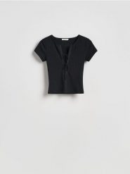 Bluzka z wiązaniem - czarny. Czarne bluzki damskie Reserved, l, bez wzorów, z bawełny, bez kołnierzyka, bez ramiączek. Za 49.99 zł.