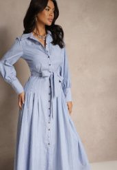 Niebiesko-Biała Sukienka Koszulowa z Bawełną Ozdobiona Paskiem Revessine. Niebieskie sukienki damskie Renee, na co dzień, m, bez wzorów, z bawełny, eleganckie, bez kołnierzyka, bez ramiączek, maxi, koszulowe. Za 129.99 zł.