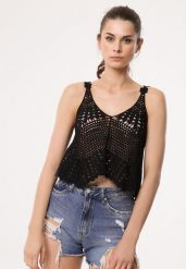 Czarny Bawełniany Top Boho z Ażurowej Siateczki Complacency. Czarne bluzki damskie Born2be, w ażurowe wzory, z bawełny, boho, bez kołnierzyka, bez ramiączek. Za 74.99 zł.
