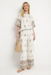Beżowy Komplet Wiskozowy Bluzka i Spodnie w Boho Wzór Divenna. Brązowe spodnie materiałowe damskie Born2be, l, z aplikacjami, z materiału. Za 84.99 zł.