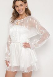 Biała Sukienka Ozdobiona Wiązaniem i Paskiem Nivoren. Białe sukienki dla dziewczynek Born2be, bez wzorów, eleganckie, bez ramiączek, długie. Za 139.99 zł.