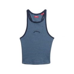 Tank top w paski z plecami w stylu sportowym i logo dla kobiet Superdry Essentia. Niebieskie koszulki sportowe damskie Superdry., bez wzorów, bez kołnierzyka, bez ramiączek. Za 109.20 zł.