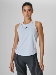 4F Top treningowy regular szybkoschnący damski - niebieski M. Niebieskie koszulki sportowe damskie 4f, m, bez wzorów, bez kołnierzyka, bez ramiączek, na fitness i siłownię. Za 99.99 zł.