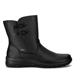 Botki Rieker. Czarne botki damskie Rieker, bez obcasa, na płaskiej podeszwie, bez zapięcia. Za 279.99 zł.