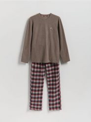 Dwuczęściowa piżama z haftem - beżowy. Brązowe piżamy męskie Reserved, l, bez wzorów, z bawełny, bez ramiączek. Za 159.99 zł.