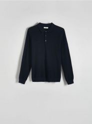 Sweter polo - granatowy. Niebieskie swetry przez głowę męskie Reserved, l, bez wzorów, z bawełny, bez kołnierzyka. W wyprzedaży za 65.99 zł.