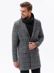 Jednorzędowy płaszcz męski w kratę - czarny V2 - Rozmiar: XXL. Czarne płaszcze męskie Ombre Clothing, m, bez wzorów, z poliesteru, bez kaptura. W wyprzedaży za 199.99 zł.