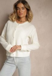 Biały Klasyczny Kardigan z Zaokrąglonym Dekoltem Reonira. Białe kardigany damskie Renee, l, bez wzorów, z jeansu, klasyczne, bez kołnierzyka, bez ramiączek, bez kaptura. Za 149.99 zł.