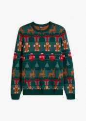 Sweter z bożonarodzeniowym motywem, z akrylu z recyklingu. Zielone swetry przez głowę męskie bonprix, m, bez wzorów, bez kołnierzyka. Za 129.99 zł.