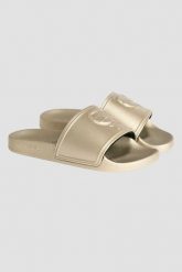 KARL LAGERFELD Złote klapki damskie KONDO 2.0 Karl NFT Relief. Żółte klapki damskie KARL LAGERFELD, bez wzorów, bez obcasa. W wyprzedaży za 289.99 zł.