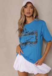 Niebieski T-shirt z Bawełny Zdobiony Nadrukiem z Cyrkoniami Idelunea. Niebieskie bluzki damskie Renee, m, z aplikacjami, z bawełny, eleganckie, bez kołnierzyka. Za 34.99 zł.