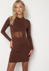 Brązowa Dopasowana Sukienka Vices Ozdobiona Gorsetową Przezroczystą Górą Axerne. Brązowe sukienki damskie Born2be, l, bez wzorów, eleganckie, bez kołnierzyka, bez ramiączek, mini, dopasowane. Za 79.99 zł.