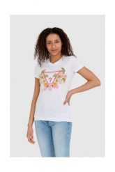 GUESS Biały t-shirt damski z logo z kwiatami i dżetami slim fit. Białe t-shirty damskie Guess, s, z aplikacjami, z bawełny, bez kołnierzyka. W wyprzedaży za 122.99 zł.