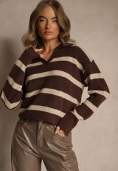 Brązowy Sweter z Wełną Zdobiony Kołnierzykiem i Wzorem w Paski Tevila. Brązowe swetry dla dziewczynek Renee, z aplikacjami, z jeansu, casualowe, bez kołnierzyka, bez ramiączek, bez kaptura. Za 149.99 zł.