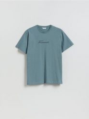 T-shirt regular z nadrukiem - zielony. Zielone t-shirty męskie Reserved, l, bez wzorów, z bawełny, bez kołnierzyka. Za 59.99 zł.