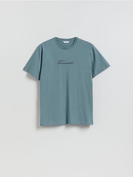 T-shirt regular z nadrukiem - zielony. Zielone t-shirty męskie Reserved, l, bez wzorów, z bawełny, bez kołnierzyka. Za 59.99 zł.