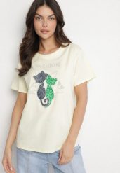 Żółty T-shirt z Bawełny z Ozdobnym Napisem i Nadrukiem Olinella. Żółte bluzki damskie Born2be, l, bez wzorów, z bawełny, bez kołnierzyka. Za 34.99 zł.