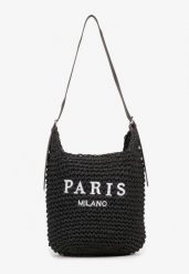 Czarna Pleciona Torebka Plażowa Shopper na Długim Pasku z Napisem Galenitia. Czarne torebki shopper damskie Born2be, bez wzorów, bez dodatków. Za 84.99 zł.