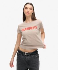 Dopasowana koszulka z logo odzieży sportowej. Brązowa koszulki sportowe damskie Superdry., l, bez wzorów, z bawełny, bez kołnierzyka, bez ramiączek, na fitness i siłownię. Za 126.50 zł.
