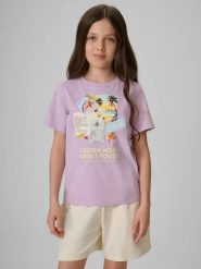 T-shirt regular z nadrukiem dziewczęcy 4F. Fioletowe t-shirty i topy dla dziewczynek 4f, bez wzorów, z bawełny, bez ramiączek. Za 49.99 zł.