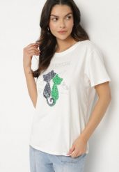 Biały T-shirt z Bawełny z Ozdobnym Napisem i Nadrukiem Olinella. Białe bluzki damskie Born2be, l, bez wzorów, z bawełny, bez kołnierzyka. Za 34.99 zł.