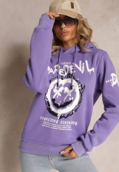 Fioletowa Bluza z Polarem i Nadrukiem Thalindra. Fioletowe bluzy damskie Renee, xl, bez wzorów, z dzianiny, z kapturem. Za 69.99 zł.