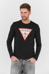 GUESS Czarny longslevee Original Logo Tee. Czarne bluzki z długim rękawem męskie Guess, l, z aplikacjami, bez kołnierzyka. W wyprzedaży za 101.99 zł.