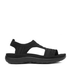 Sandały Rieker. Czarne sandały damskie Rieker, bez wzorów, bez obcasa, na płaskiej podeszwie, bez zapięcia. Za 299.99 zł.