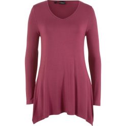 Shirt z dłuższymi bokami i dekoltem w serek bonprix czerwony rododendron. Bluzki damskie bonprix. Za 49.99 zł.