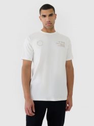 4F T-shirt oversize z nadrukiem męski - beżowy XL. Brązowe koszulki sportowe męskie 4f, m, bez wzorów, z bawełny, klasyczne, bez kołnierzyka. W wyprzedaży za 49.99 zł.