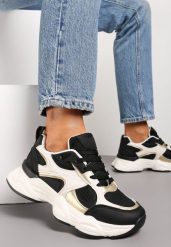 Biało-Czarne Sneakersy ze Wstawkami Metalicznymi i Siateczką na Grubej Podeszwie Riliera. Białe obuwie sportowe damskie Renee, bez wzorów. Za 89.99 zł.