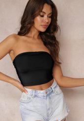 Czarny Top z Elastycznej Tkaniny z Gumką z Tyłu Fynla. Czarne koszule damskie Renee, l, bez wzorów, z tkaniny, bez kołnierzyka, bez ramiączek. Za 39.99 zł.