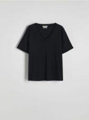 T-shirt z merceryzowaną bawełną - czarny. Czarne t-shirty damskie Reserved, l, bez wzorów, z bawełny, bez kołnierzyka. W wyprzedaży za 59.99 zł.