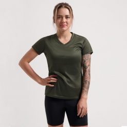 Koszulka Rogelli Promo. Zielone koszulki sportowe damskie Rogelli, l, bez wzorów, z materiału, bez kołnierzyka, bez ramiączek, do biegania. Za 80.05 zł.