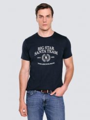 Koszulka męska z nadrukiem granatowa Marr 403. Niebieskie t-shirty męskie Big Star, na zimę, l, bez wzorów, z bawełny, eleganckie, bez kołnierzyka. Za 99.99 zł.