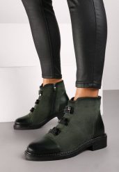 Zielone Płaskie Botki Ozdobione Metalowymi Aplikacjami Cetirra. Zielone botki damskie Renee, z dzianiny, eleganckie, bez obcasa, na płaskiej podeszwie, bez zapięcia. Za 179.99 zł.