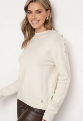 Jasnobeżowy Sweter z Półgolfem Wiskozą Modalem i Ozdobnymi Guzikami Etalisse. Brązowe swetry damskie Born2be, l, bez wzorów, z jeansu, eleganckie, bez kołnierzyka, bez ramiączek, długie, bez kaptura. Za 74.99 zł.