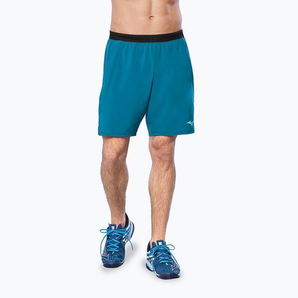 Spodenki tenisowe męskie Mizuno Laser Short. Niebieskie buty sportowe męskie Mizuno, m, bez wzorów, z elastanu. Za 149.99 zł.