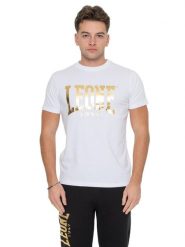 Koszulka Kurzärmliges aus Stretch-Baumwolle z dużym logo Leone 1947 Gold. Białe koszulki sportowe męskie LEONE 1947 APPAREL, l, bez wzorów, z bawełny, bez kołnierzyka, bez ramiączek, na fitness i siłownię. Za 147.35 zł.