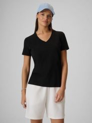 T-shirt regular gładki damski 4F 4FRMM00TTSHF3618. Czarne t-shirty damskie 4f, uniwersalny, bez wzorów, z bawełny, biznesowe, bez kołnierzyka. Za 49.99 zł.